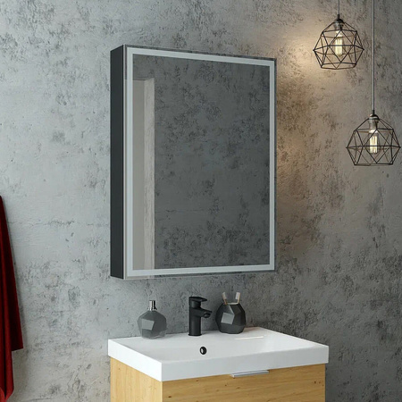 Шкаф зеркальный MIRROR BOX 600х800мм (LED-подсвет, датчик дв, универ, пленка "soft touch", чер) 