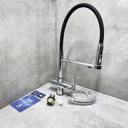 Смеситель на мойку с гибким изливом, с выходом под фильтр HAIBA HB76854 ЧЕРНЫЙ/ХРОМ (лат., 35мм)