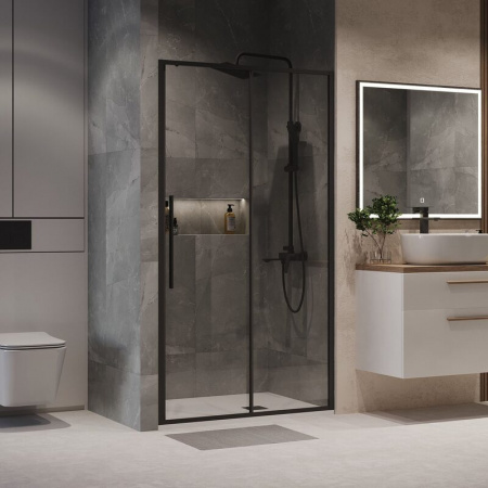 Душевое ограждение 120х195, 1 раз-ая дверь, профиль ЧЕРНЫЙ МАТОВЫЙ, стекло ПРОЗРАЧНОЕ 6мм NG-84-12AB