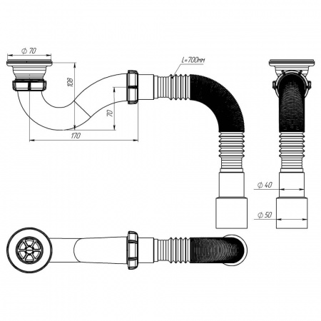 Сифон для душевого поддона 1 1/2"х40 с мет.реш. с г.т. 40х40/50 V145-45-MR (45)