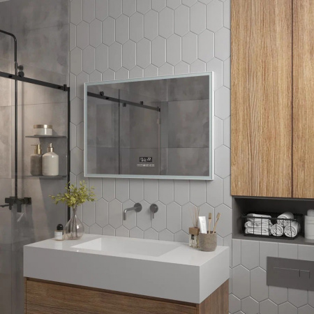 Зеркало FRAME 1000х700мм МФП(LED-подсвет,музыка,часы,термометр,подогрев, алюминиевый профиль БЕЛЫЙ)