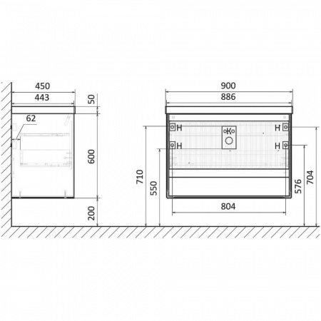 Тумба в ванную комнату подвесная TOSSONY 90 ДУБ САМДАЛ/АНТРАЦИТ под умывальник CLASSICA 90/Астория90
