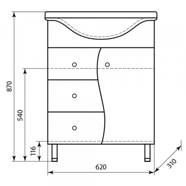 Тумба напольная AquaLine Байкал 65 3 ящика размеры