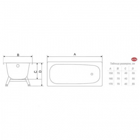 Ванна стальная 1,60х0,70х0,40м ANTIKA с ножками ОР-61200, толщина 1,8мм