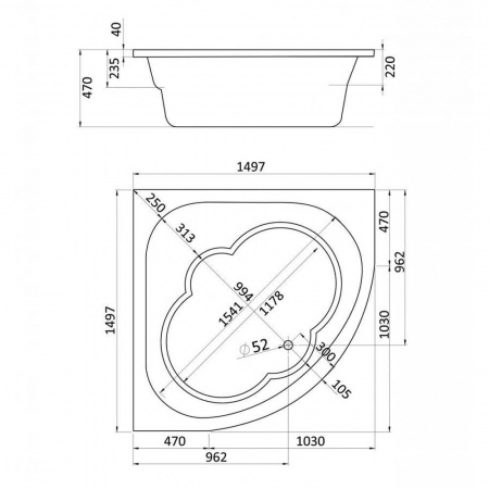 Ванна акриловая симметричная КАННЫ 150х150см 