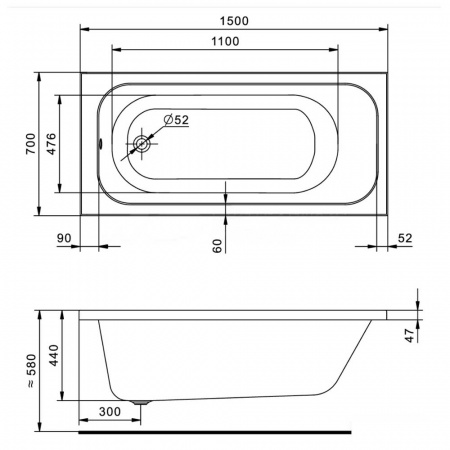 Ванна акриловая прямоугольная ЛАММА 150х70см 