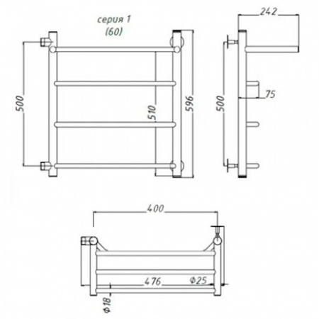 Полотенцесушитель водяной БРАВО ПМ 1П 60х40см из нерж. (боковое подключение 500мм) ЛЕВЫЙ СТОП