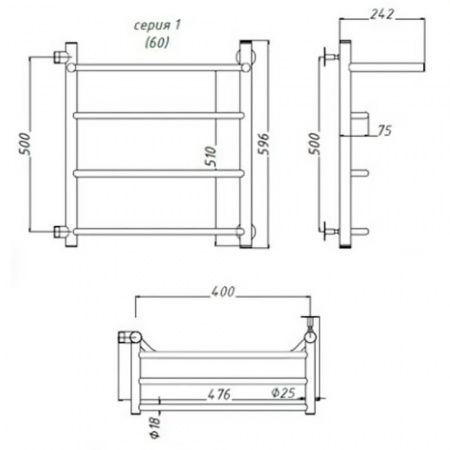 Полотенцесушитель водяной БРАВО ПМ 1П 60х40см из нерж. (боковое подключение 500мм) ПРАВЫЙ СТОП