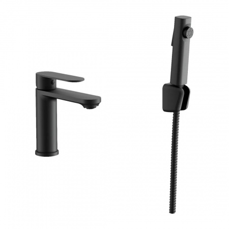 Смеситель на раковину с гигиенической лейкой BELZ B12713-7 ЧЕРНЫЙ лат., кар.35мм, под.55см (10)