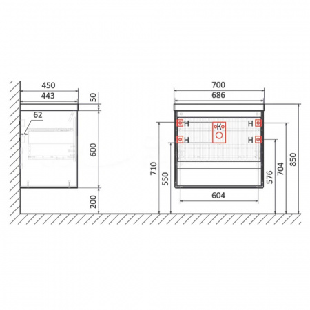 Тумба в ванную комнату подвесная TOSSONY 70 СОНОМА СВЕТЛАЯ под умывальник CLASSICA 70 / Cлим 70