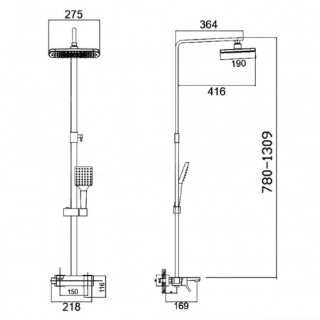 Смеситель для душа (зонт, квадрат) со стойкой HAIBA HB24818-7 ЧЕРНЫЙ (лат., с изливом)(4)