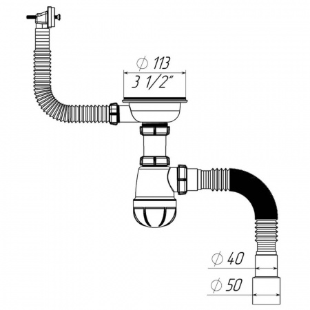 Сифон для мойки 3 1/2"х40 с мет.реш. с прямоуг. переливом с г.т. 40х40/50 B0148-20-MR (20)