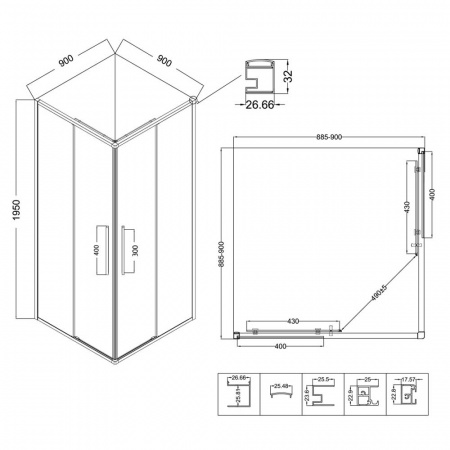Душевой уголок 90х90х195 КВАДР без поддона профиль ХРОМ стекло (6мм) ПРОЗРАЧНОЕ NG-6623-34