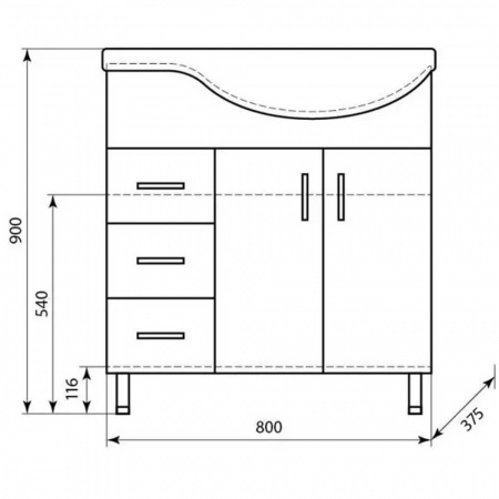 Тумба в ванную комнату КОРАЛЛ 82/3 под умывальник КОРАЛЛ 83 с ЛЕВЫМ крылом (чаша справа)