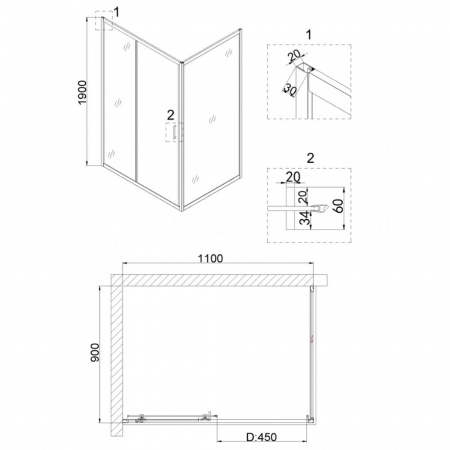 Душевое ограждение 110х195, 1 раз-ая дверь, профиль ХРОМ, стекло ПРОЗРАЧНОЕ 6мм NG-62-11A