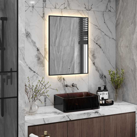 Зеркало МЕРИДИАН/Meridian 60 600х800мм(LED-подсв., беск.сенс.выкл, ореол ТЕПЛАЯ под, рама ал ЧЕРНАЯ)