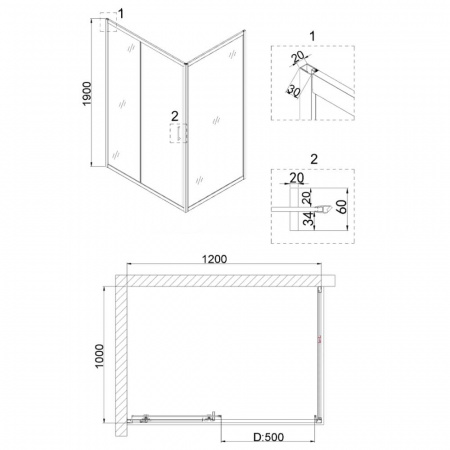 Душевое ограждение 120х100х195 без поддона профиль ХРОМ стекло (6мм) ПРОЗРАЧНОЕ NG-62-12A + A100