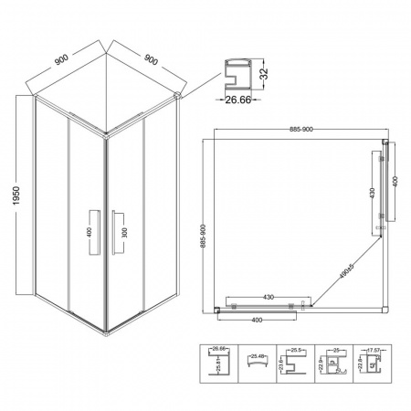 Душевой уголок 90х90х195 КВАДР без поддона профиль ЧЕРН МАТ стекло (6мм) ПРОЗРАЧНОЕ NG-6823-34BLACK