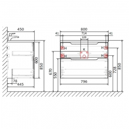 Тумба в ванную комнату подвесная WECTOR 80 АНТРАЦИТ под умывальник CLASSICA 80