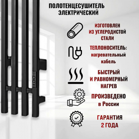 Полотенцесушитель с греющим кабелем ПЭК СП Вектор кв 4 120х15см черный ВГП