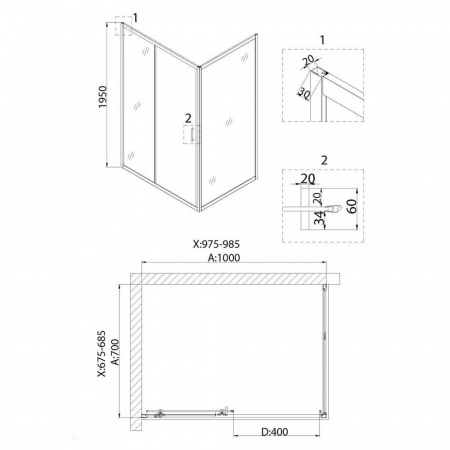 Душевое ограждение 100х70х195 без поддона профиль ХРОМ стекло (6мм) ПРОЗРАЧНОЕ NG-62-10A + A70