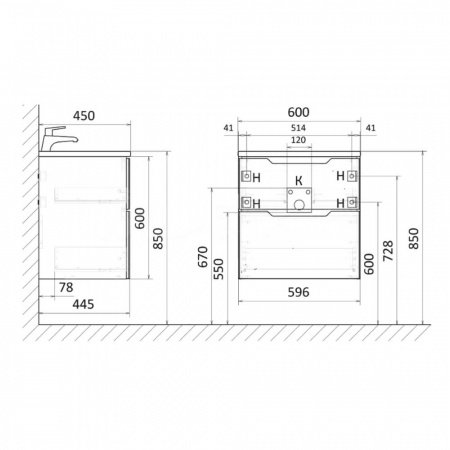 Тумба в ванную комнату подвесная WECTOR 60 АНТРАЦИТ под умывальник CLASSICA 60