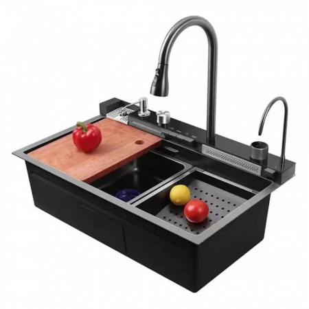 Мойка кухонная многофункциональная Dikalan KJ754508 ЧЕРНЫЙ нерж.сталь SUS-304 750х460х220мм 