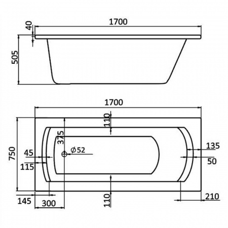 Ванна акриловая прямоугольная МОНАКО XL 170х75см 