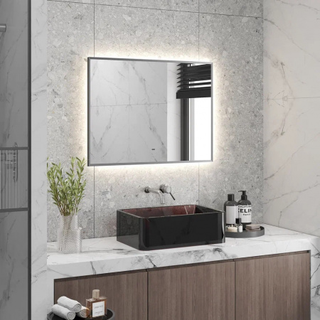 Зеркало МЕРИДИАН/Meridian 80 800х600мм (LED-подсв., бесконт. сенс. выключатель, рама алюм СЕРАЯ)
