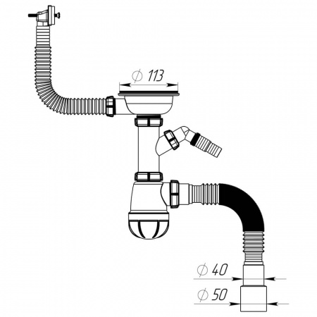 Сифон для мойки 3 1/2"х40 с мет.реш. с прямоуг. переливом с отв. с/м с г.т.40х40/50 B0147-20-MR (20)