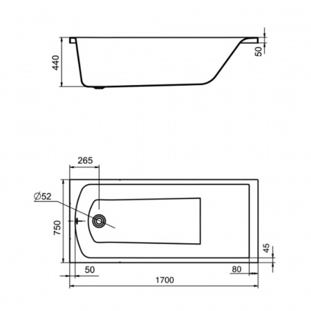 Ванна акриловая прямоугольная ФИДЖИ 170х75см 
