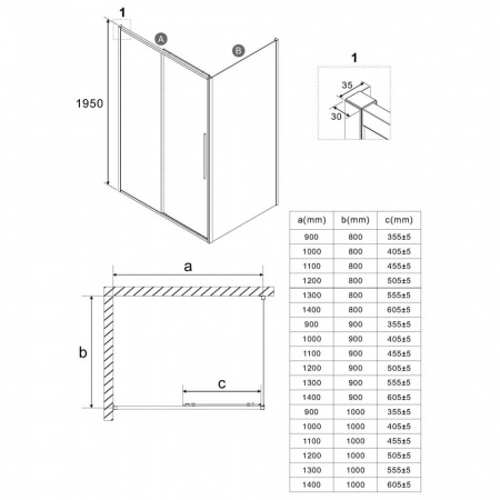 Душевой уголок 100х90х195 ПРЯМОУГ без подд профиль ХРОМ стекло (6мм) ПРОЗРАЧНОЕ NG-64-10A-A90-34