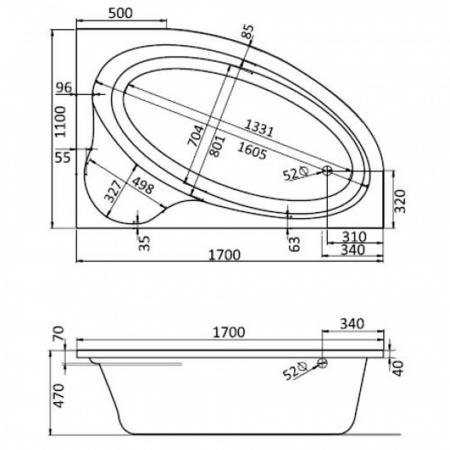 Ванна акриловая асимметричная ЭДЕРА 170х110см правосторонняя 