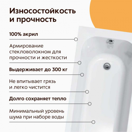 Ванна акриловая прямоугольная ЛАММА 170х80см 