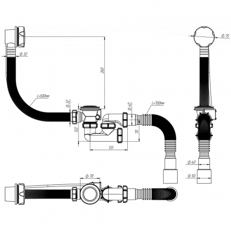Сифон для ванны регулир. 1 1/2"х40 с выпуск. и перелив. с г.т.40х40/50 полуавтомат V312-18-MR (18)