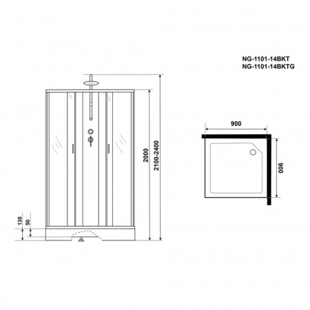 Душевая кабина 900х900х2000мм без г/м, НИЗКИЙ поддон, СЕРЕБР проф, стекло МАТОВОЕ NG-1101-14BKT