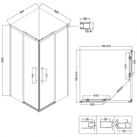 Душевой уголок 80х80х195 КВАДР без подд, раздв, профиль ЧЕРНЫЙ стекло (6мм) ТОНИРОВ NG-2828-34BLACK