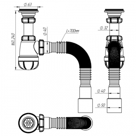 Сифон для умывальника 1 1/4"х40 с мет.реш. с г.т. 40х40/50 S1015-35-MR (35)