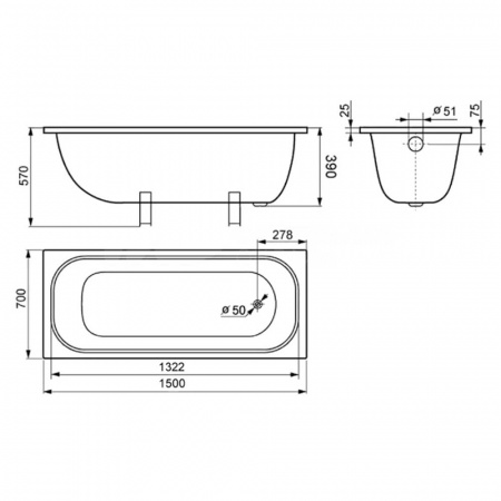Ванна стальная 1,50х0,70х0,40м ANTIKA с ножками  ОР-01200, толщина 1,8мм