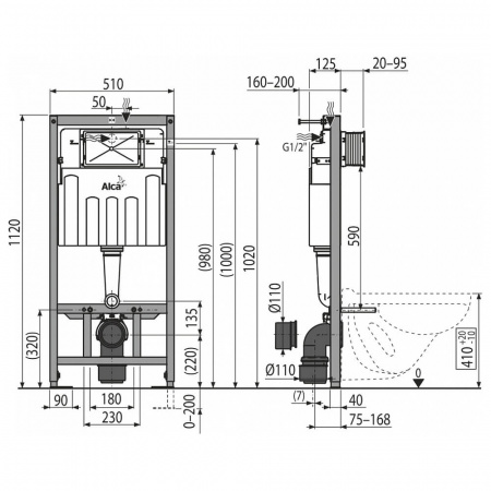 Инсталляция AlcaPlast Sadromodul AM101/1120 кнопка M71 хром глянцевый