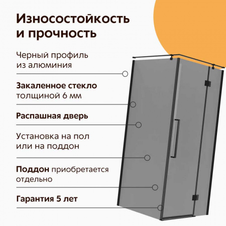 Душевой уголок 100х100х195 КВАДР без поддона профиль ЧЕРН МАТ стекло (6мм) ТОНИРОВАН NG-2832-34BLACK