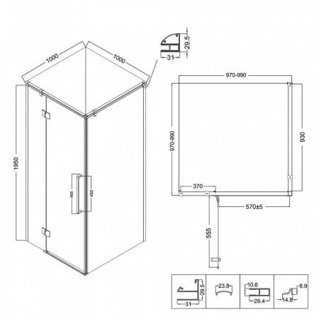 Душевой уголок 100х100х195 КВАДР без поддона профиль ЧЕРН МАТ стекло (6мм) ТОНИРОВАН NG-2832-34BLACK