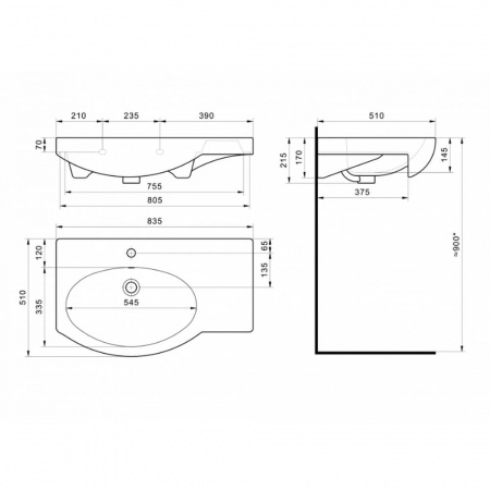 Умывальник мебельный КОРАЛЛ 83 с ПРАВЫМ крылом (чаша слева)