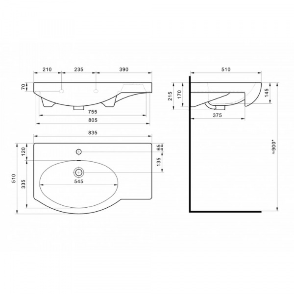 Раковина Santek Коралл 83 R размеры