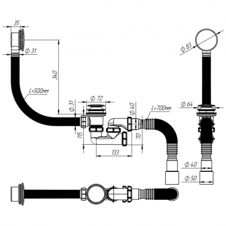 Сифон для ванны регулир. 1 1/2х40 клик-клак пер авт широк. гриб хром гт 40х40/50 V512-18-MR (18)