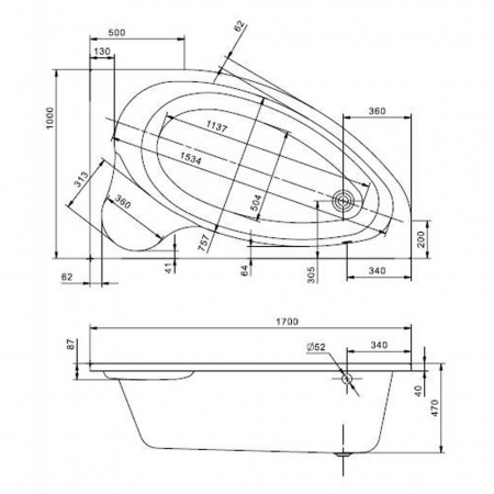 Ванна акриловая асимметричная ЭДЕРА 170х100см правосторонняя 