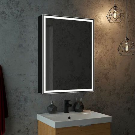 Шкаф зеркальный MIRROR BOX 600х800мм (LED-подсвет, датчик дв, универ, пленка "soft touch", чер) 