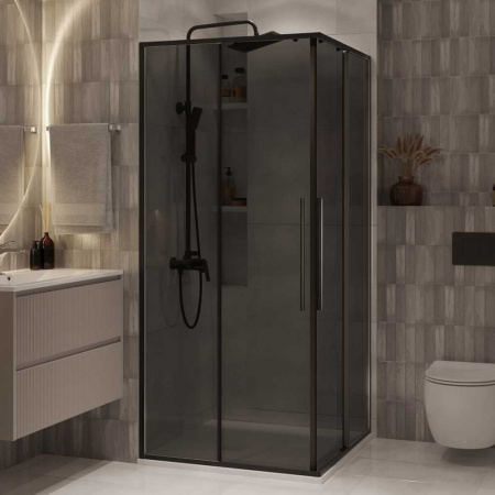 Душевой уголок 100х100х195 КВАДР без поддона профиль ЧЕРН МАТ стекло (6мм) ТОНИРОВАН NG-2824-34BLACK