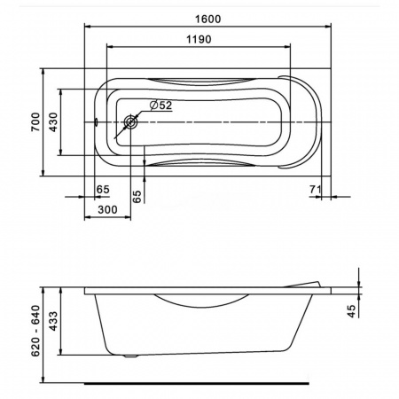 Ванна акриловая прямоугольная ТЕНЕРИФЕ 160х70см 