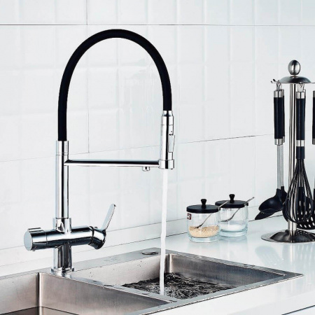 Смеситель на мойку с гибким изливом, с выходом под фильтр HAIBA HB76854 ЧЕРНЫЙ/ХРОМ (лат., 35мм)